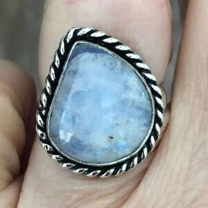 SIZE 6 Radiant Flashy Blue Rainbow Moonstone 925 Sterling Silver Ring NWT